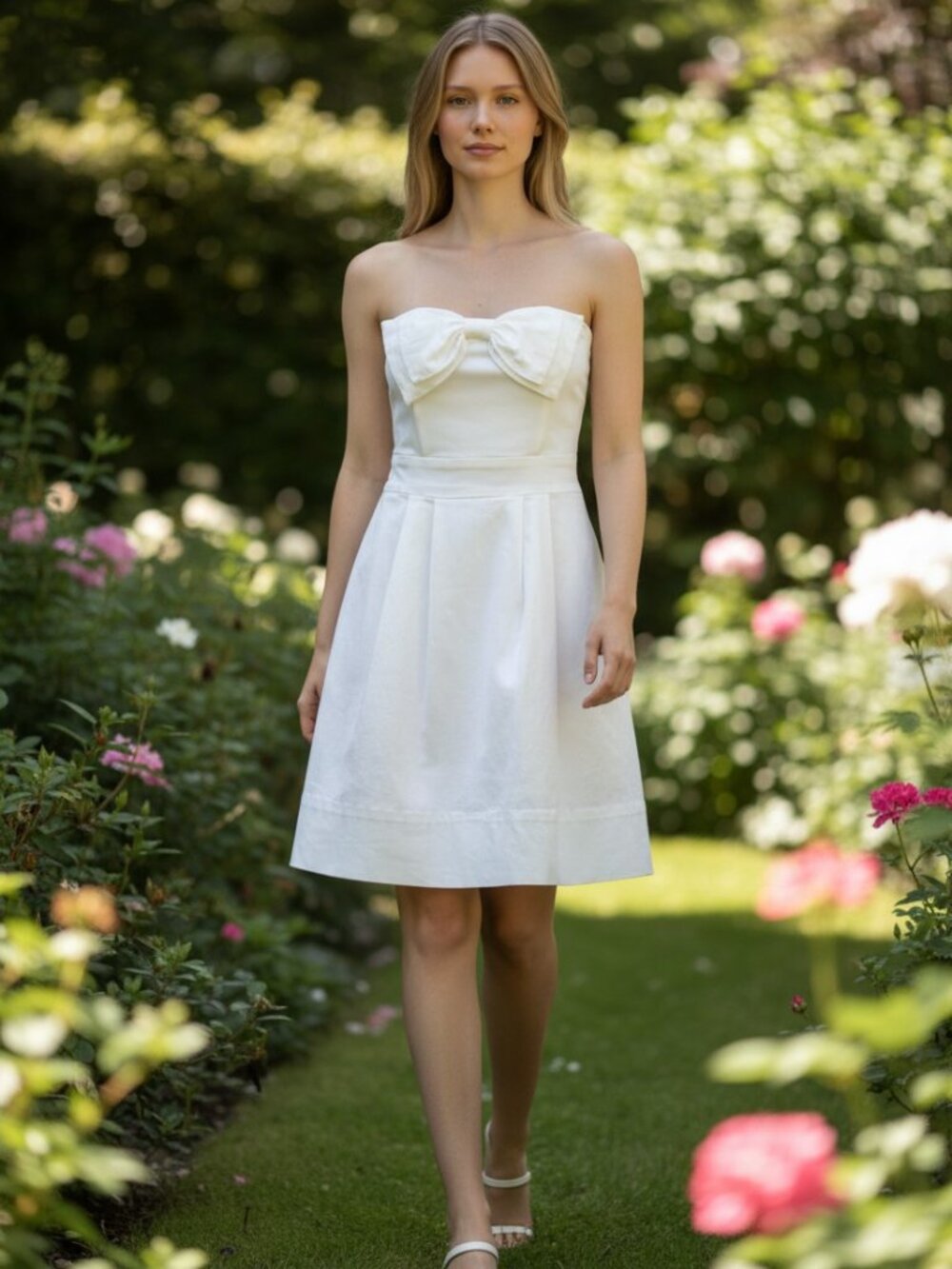 Gretchen Scott Designs White Strapless Bow Dress Medium Cotton Lycra Fit & Flare
